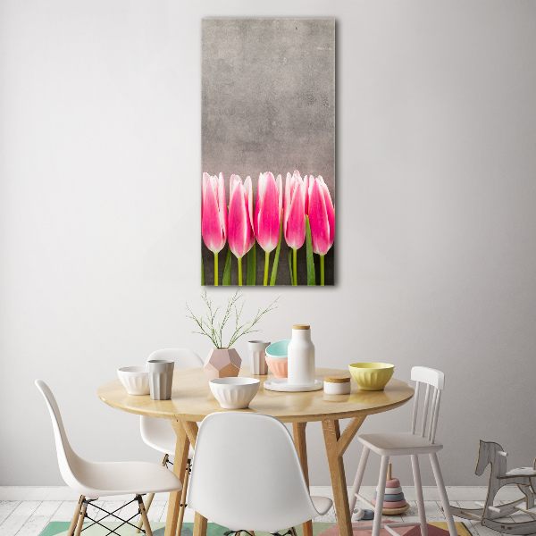 Verticaal glasschilderij Roze tulpen