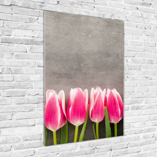 Verticaal glasschilderij Roze tulpen