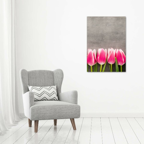 Verticaal glasschilderij Roze tulpen