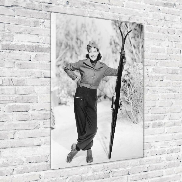 Verticale glasfoto Vrouw met ski's