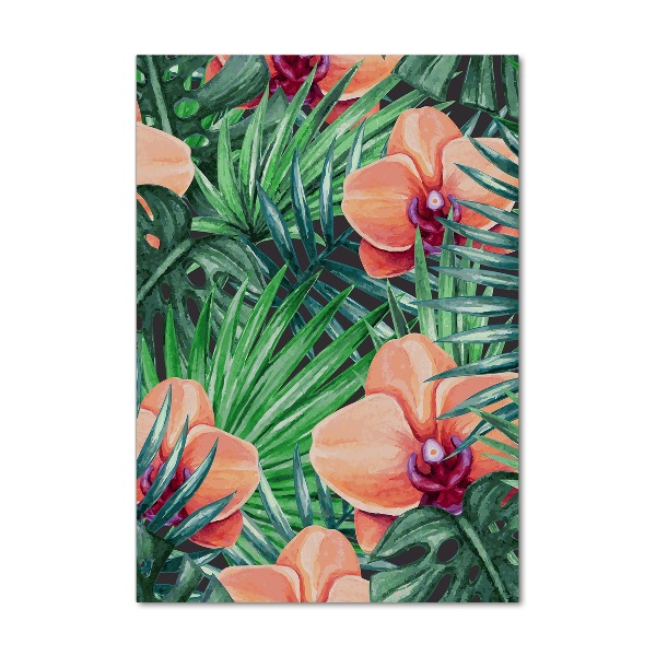 Verticale glasfoto Orchideeën en palmbomen