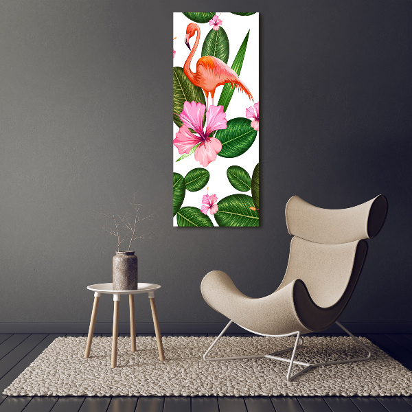 Verticale foto op glas Flamingo's en bloemen