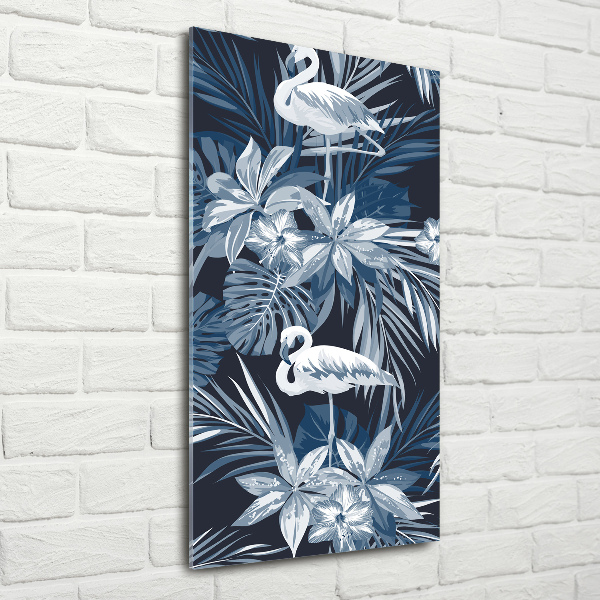 Verticaal glasschilderij Bloemen en flamingo's