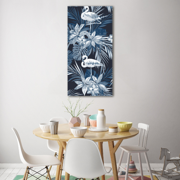 Verticaal glasschilderij Bloemen en flamingo's