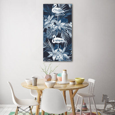 Verticaal glasschilderij Bloemen en flamingo's