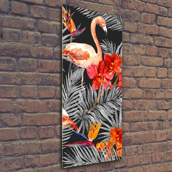 Verticale glasfoto Flamingo's en bloemen