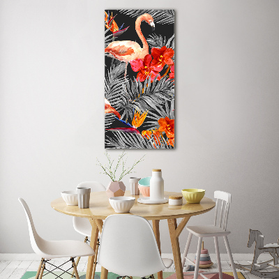 Verticale glasfoto Flamingo's en bloemen