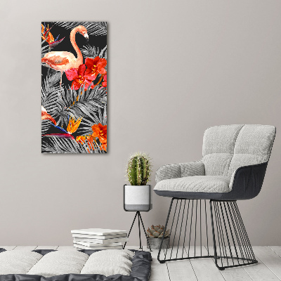 Verticale glasfoto Flamingo's en bloemen