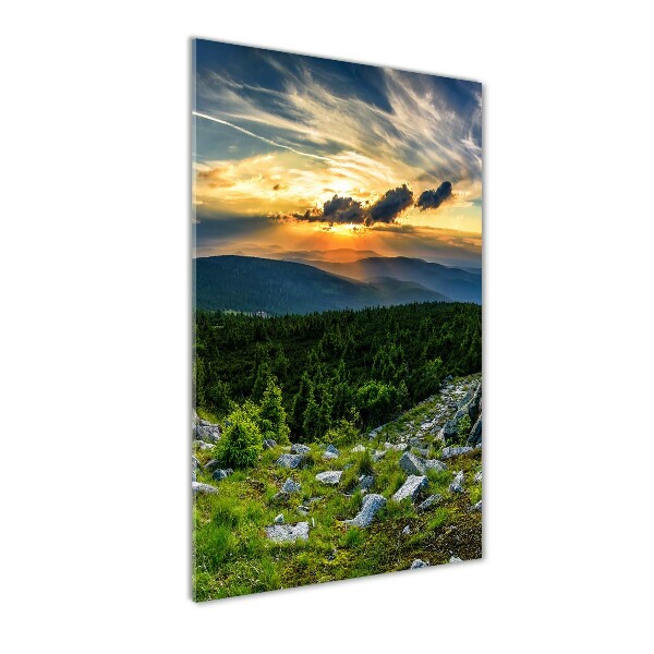 Verticale glasfoto Panorama van de bergen