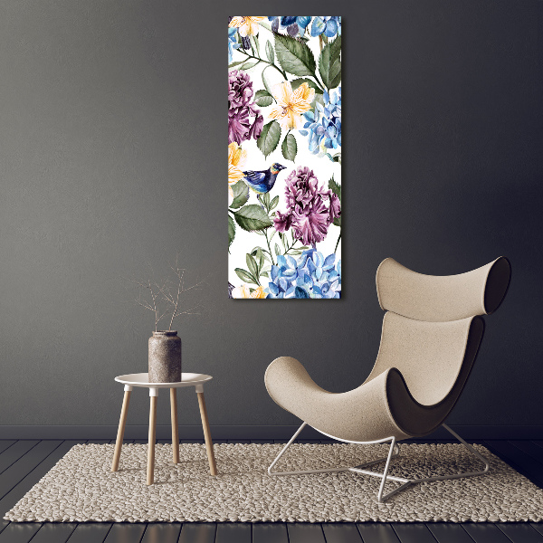Verticale glasfoto Bloemen en vogels