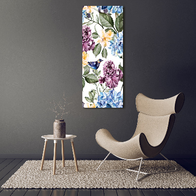 Verticale glasfoto Bloemen en vogels