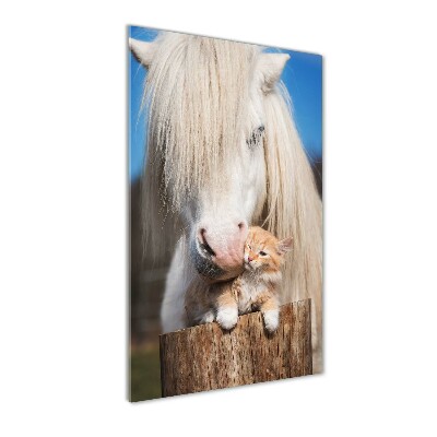 Verticale glasfoto Wit paard met een kat