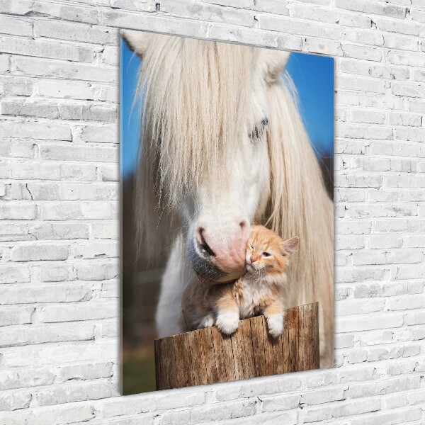 Verticale glasfoto Wit paard met een kat