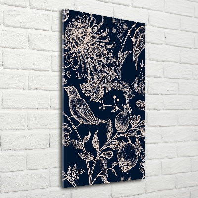 Verticale foto op glas Bloemen en vogels