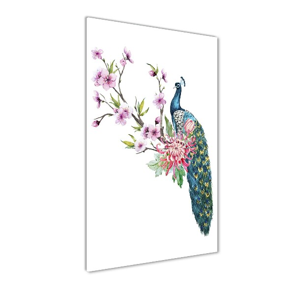 Verticale glasfoto Pauw en bloemen