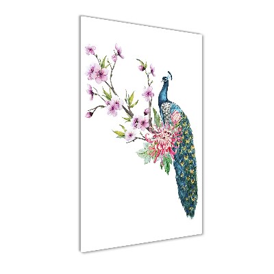 Verticale glasfoto Pauw en bloemen