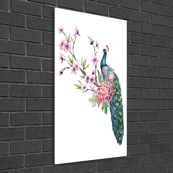 Verticale glasfoto Pauw en bloemen
