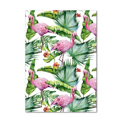 Verticale foto op glas Bladeren en flamingo's