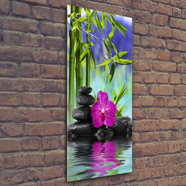 Verticale glasfoto Orchidee en bamboe