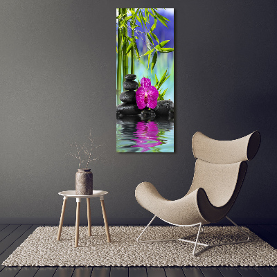 Verticale glasfoto Orchidee en bamboe
