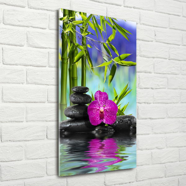 Verticale glasfoto Orchidee en bamboe