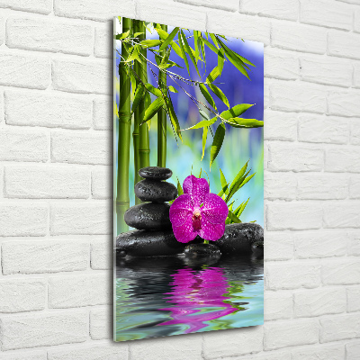 Verticale glasfoto Orchidee en bamboe
