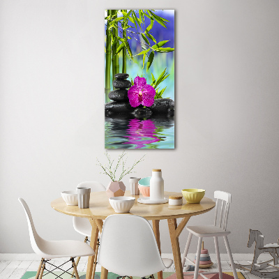 Verticale glasfoto Orchidee en bamboe