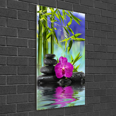 Verticale glasfoto Orchidee en bamboe