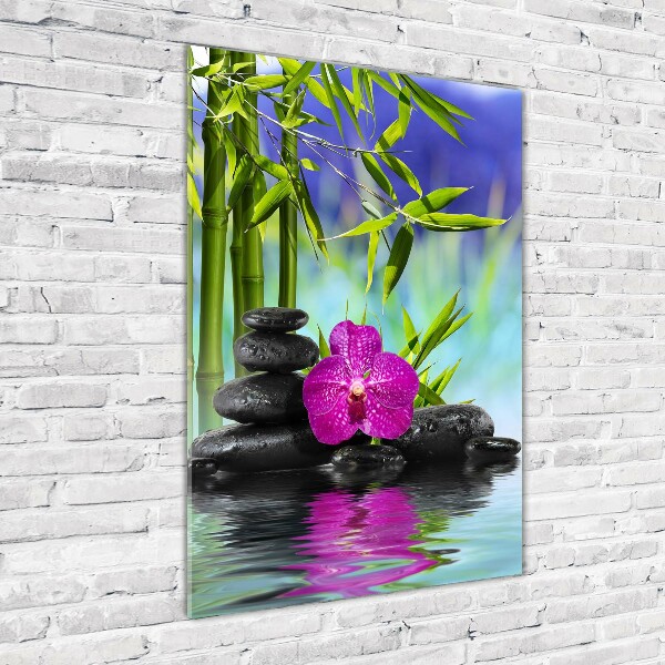 Verticale glasfoto Orchidee en bamboe