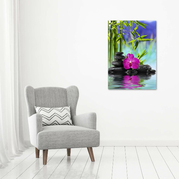 Verticale glasfoto Orchidee en bamboe