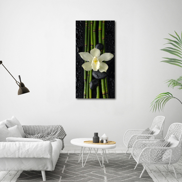 Verticale glasfoto Orchidee en bamboe
