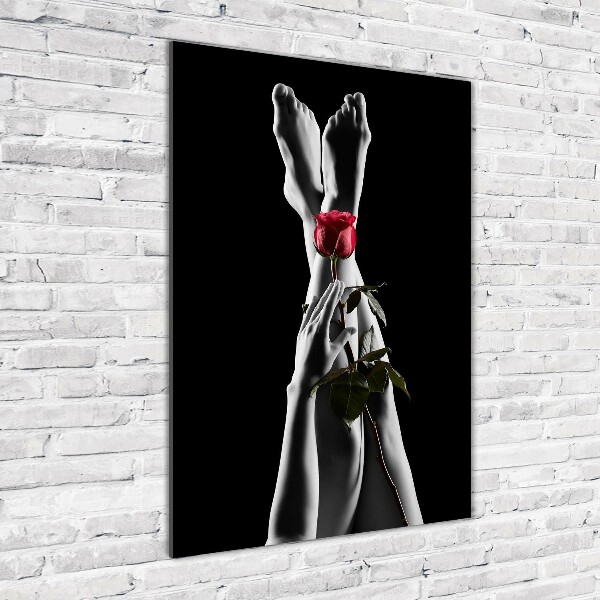 Verticale glasfoto Roos en voeten