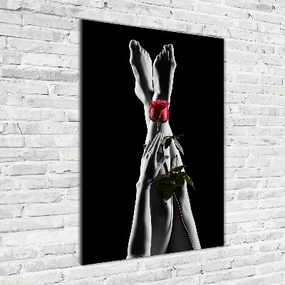 Verticale glasfoto Roos en voeten