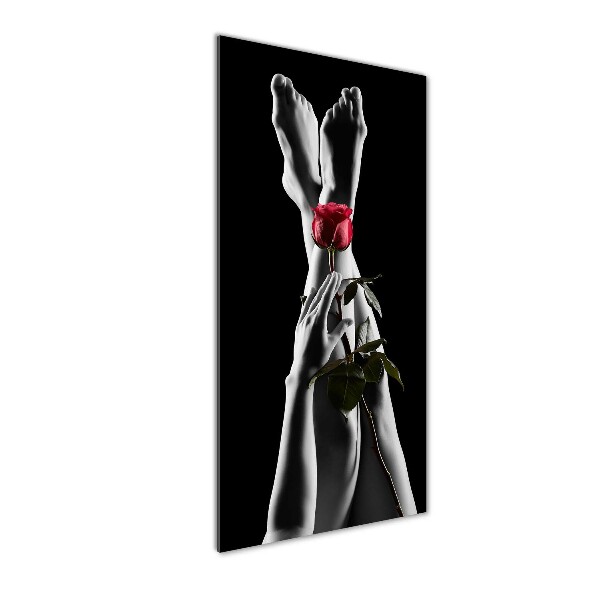 Verticale glasfoto Roos en voeten