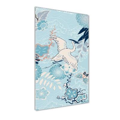 Verticale glasfoto Kraanvogel en bloemen