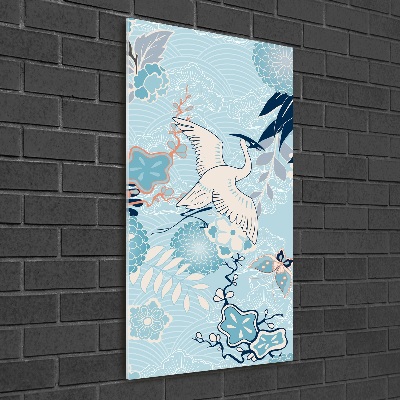 Verticale glasfoto Kraanvogel en bloemen