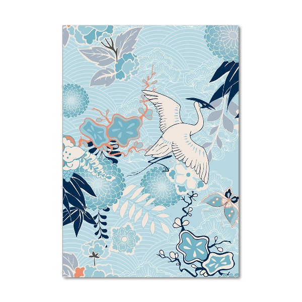 Verticale glasfoto Kraanvogel en bloemen