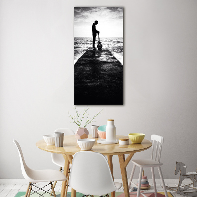 Verticaal glasschilderij Gitarist op de pier
