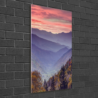 Verticale glasfoto Mist boven de bergen