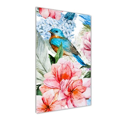 Verticale glasfoto Bloemen en vogels
