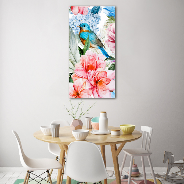 Verticale glasfoto Bloemen en vogels