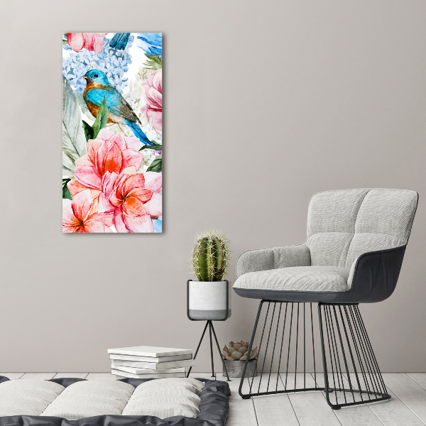 Verticale glasfoto Bloemen en vogels