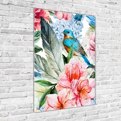 Verticale glasfoto Bloemen en vogels