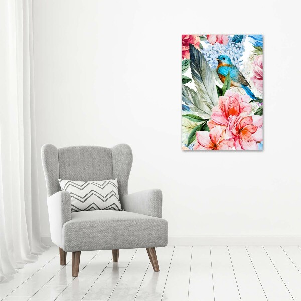 Verticale glasfoto Bloemen en vogels