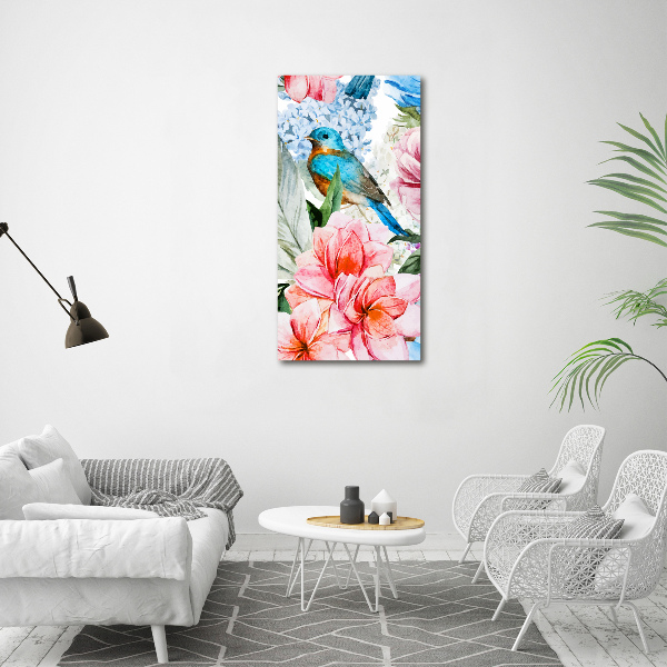 Verticale glasfoto Bloemen en vogels