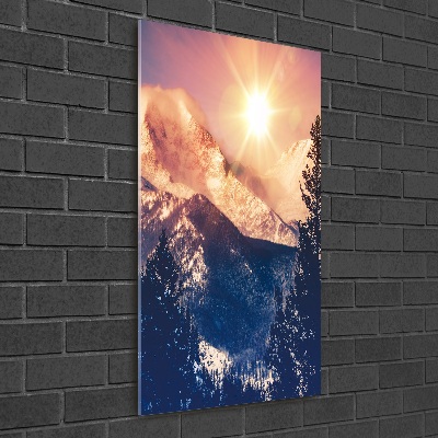 Verticale glasfoto De zon boven de bergen