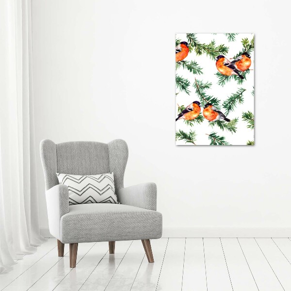 Verticale glasfoto Roodborstje en naaldbomen