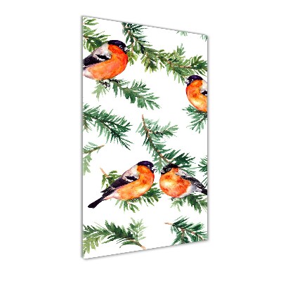 Verticale glasfoto Roodborstje en naaldbomen