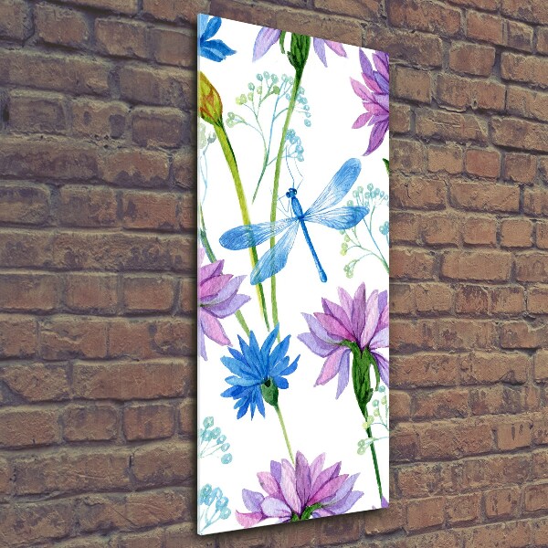 Verticale glasfoto Bloemen en libellen