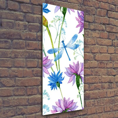 Verticale glasfoto Bloemen en libellen
